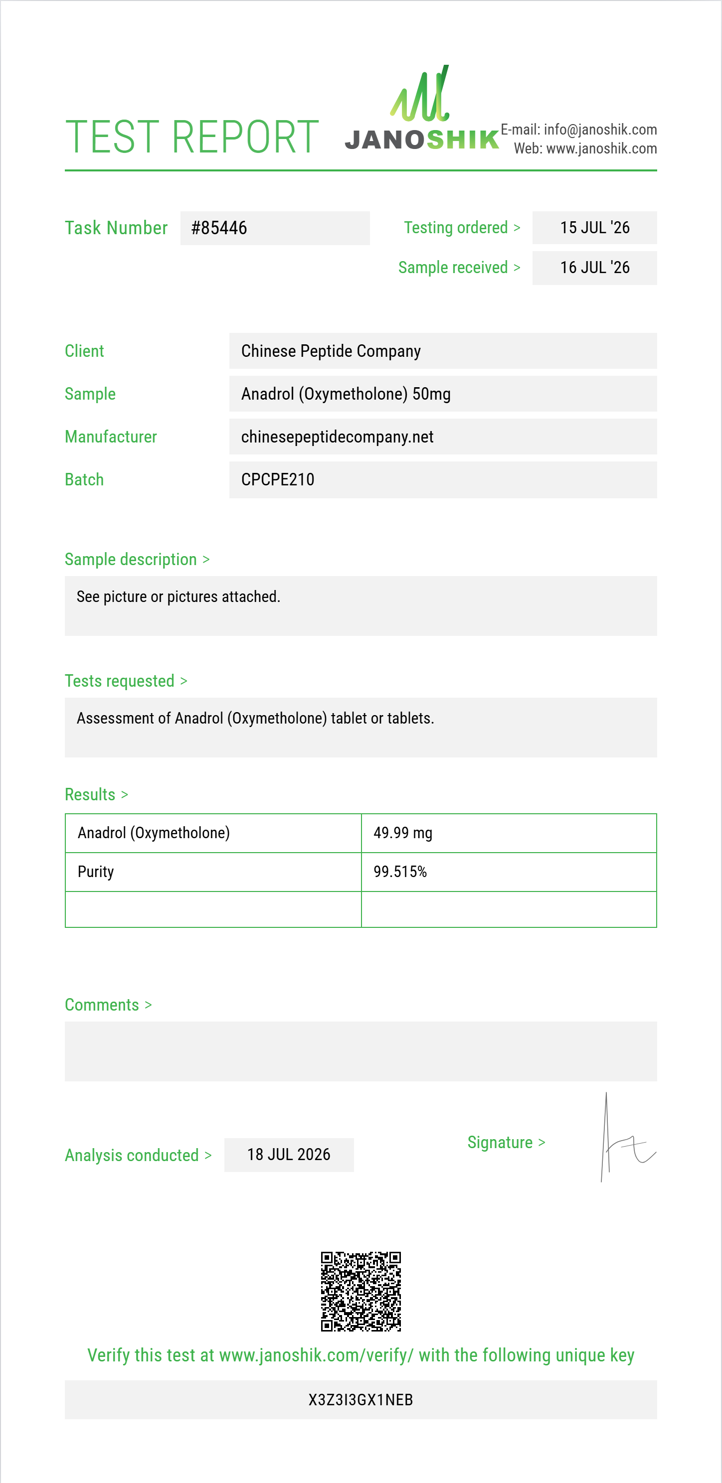 Anadrol (Oxymetholone) Purity (HPLC) report by Janoshik Analytical