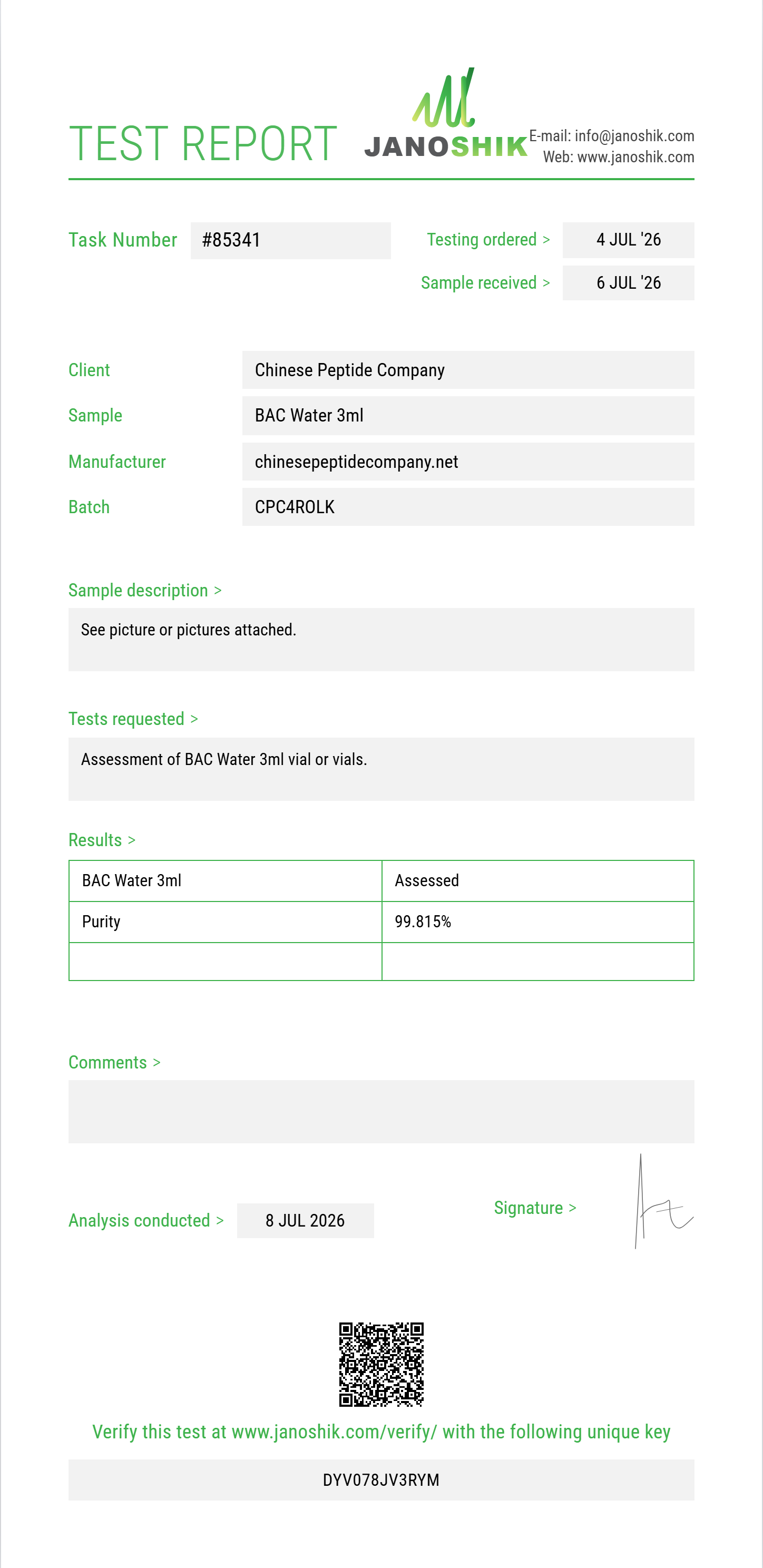 BAC Water Purity (HPLC) report by Janoshik Analytical