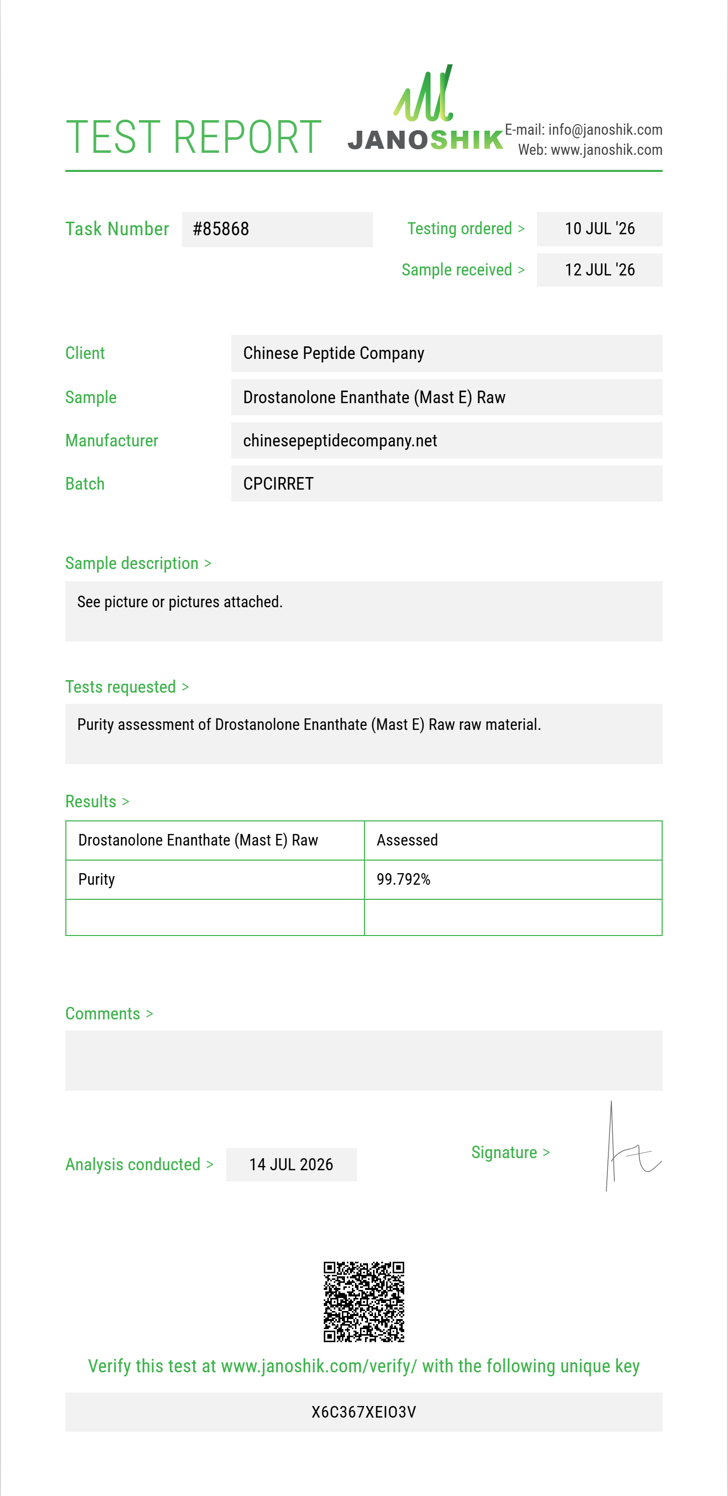 Drostanolone Enanthate (Mast E) Raw Purity (HPLC) report by Janoshik Analytical