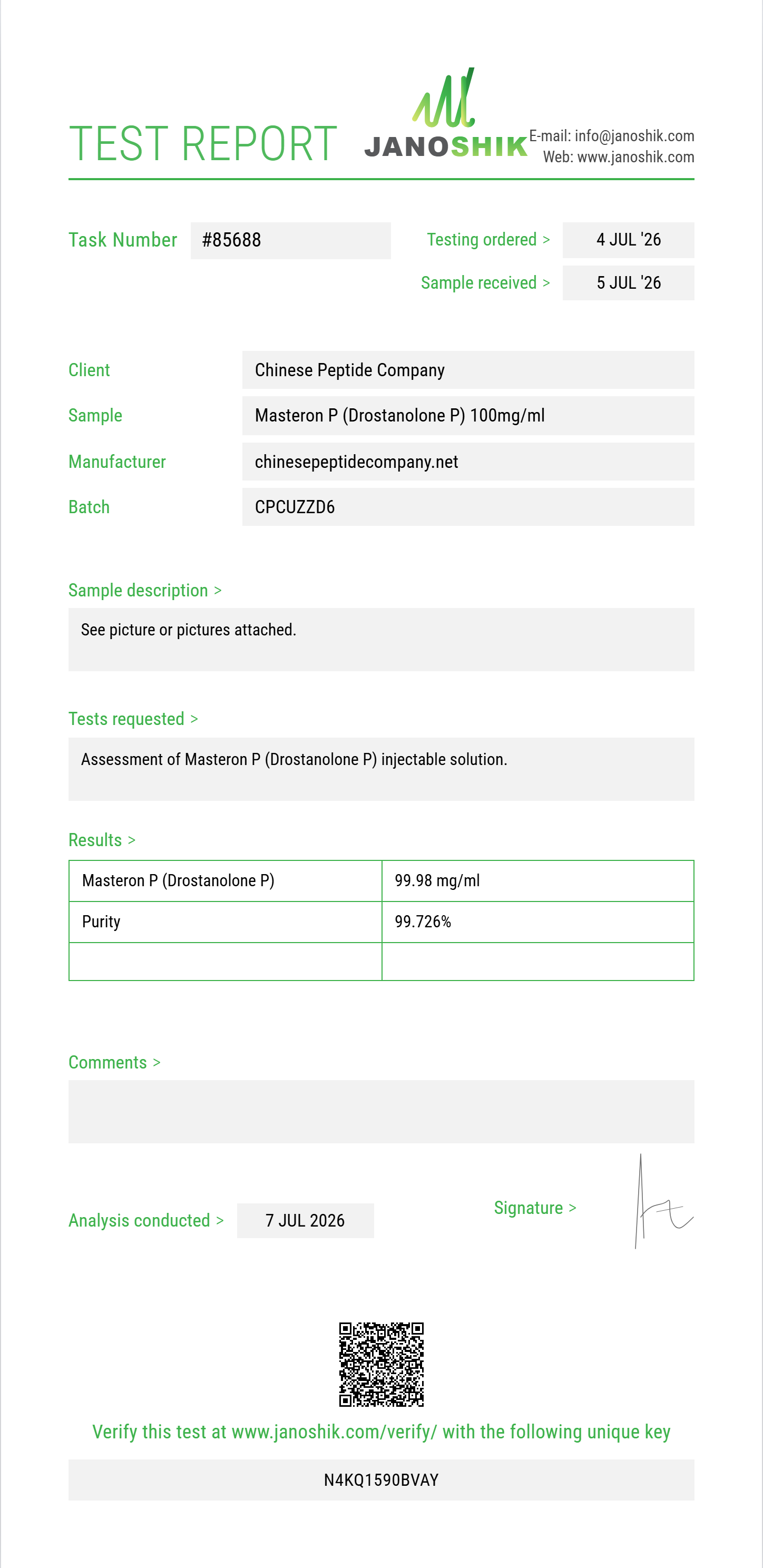 Masteron P (Drostanolone P) Purity (HPLC) report by Janoshik Analytical