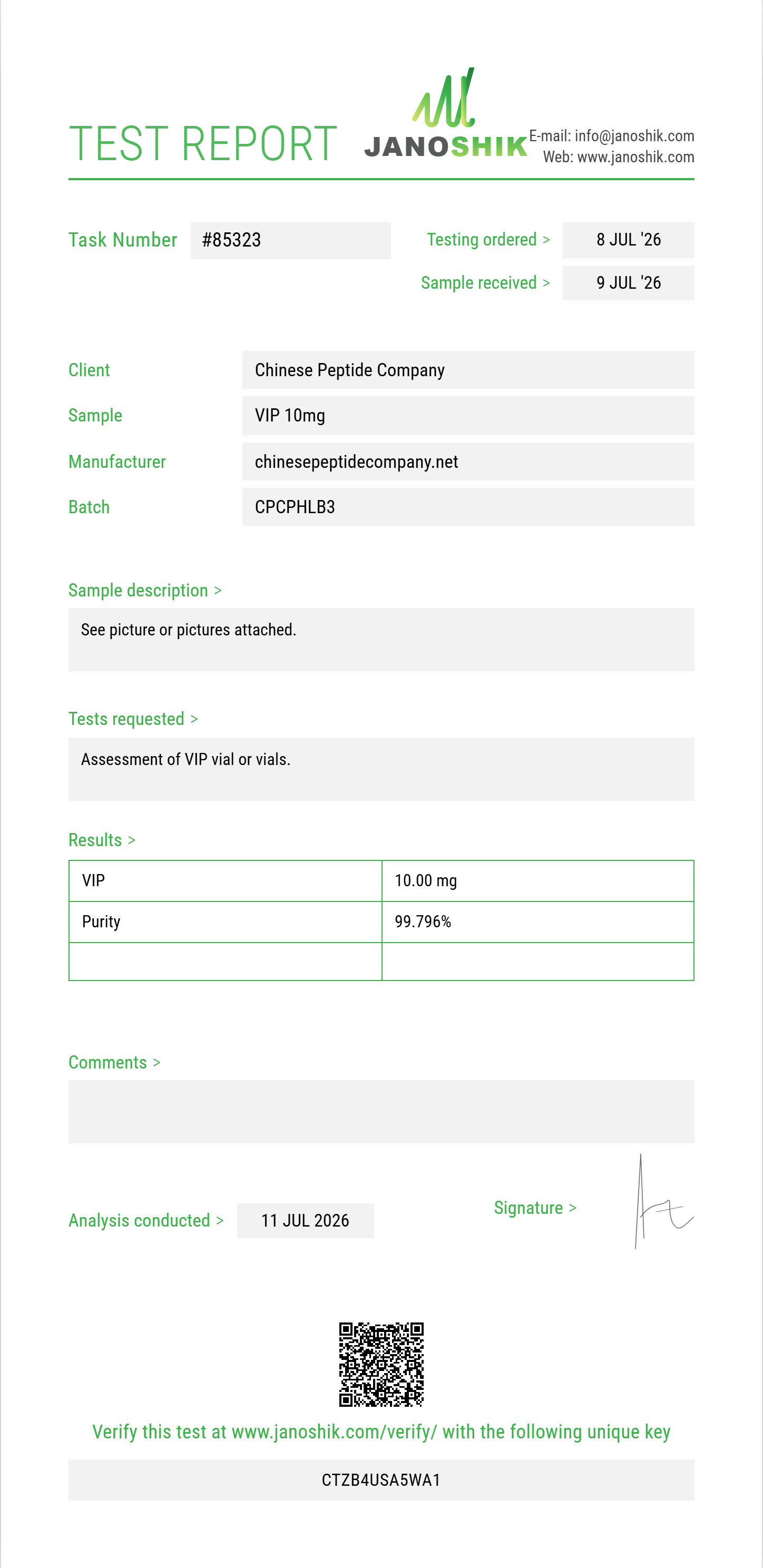 VIP Purity (HPLC) report by Janoshik Analytical