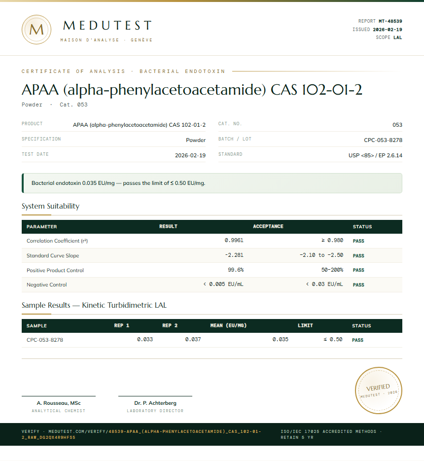 APAA (alpha-phenylacetoacetamide) CAS 102-01-2 Endotoxin report by Medutest