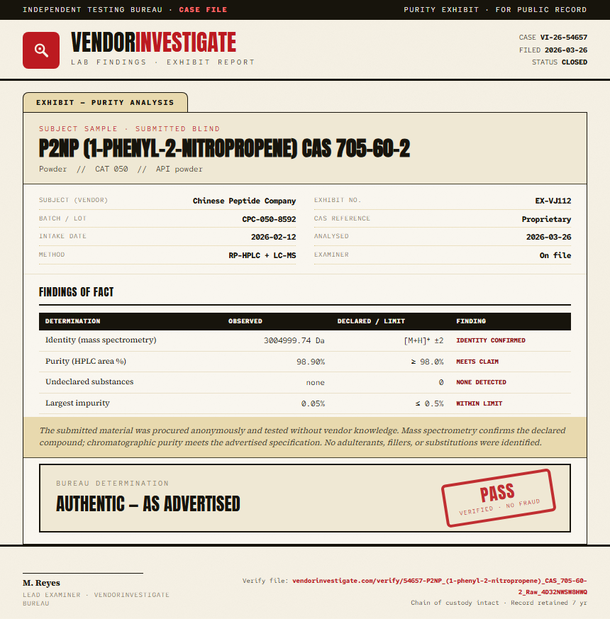 P2NP (1-phenyl-2-nitropropene) CAS 705-60-2 Purity (HPLC) report by VendorInvestigate