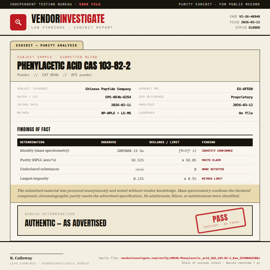 Phenylacetic acid CAS 103-82-2 Purity (HPLC) report by VendorInvestigate